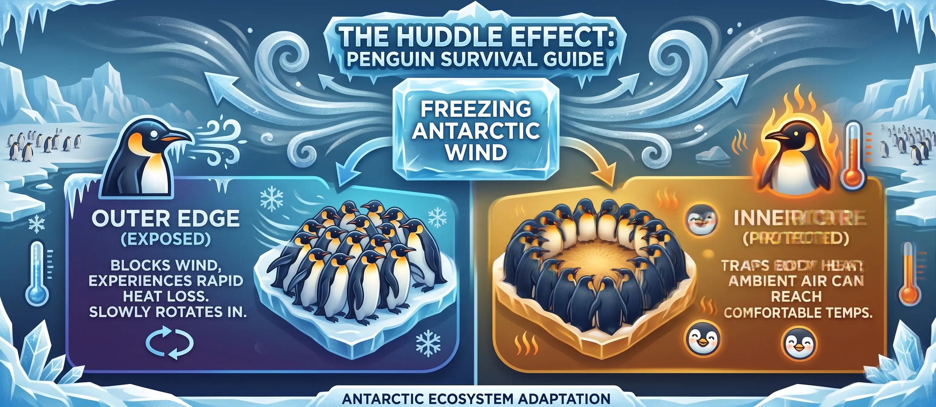 An aerial perspective of an emperor penguin colony forming a highly organized, heat-trapping circular huddle during a whiteout storm.