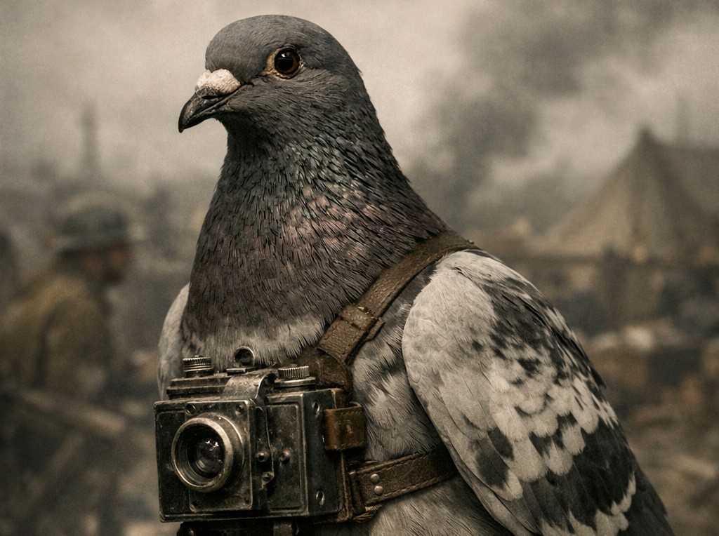 A close-up of a homing pigeon wearing a custom miniature CIA surveillance camera on its chest during the Cold War.